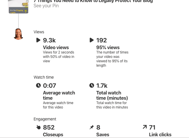 screenshot of pinterest analytics on a video pin